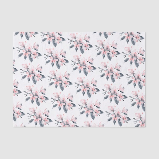 Pink & Grey Flowers Classy Watercolor Pattern Tissue Paper (Front)