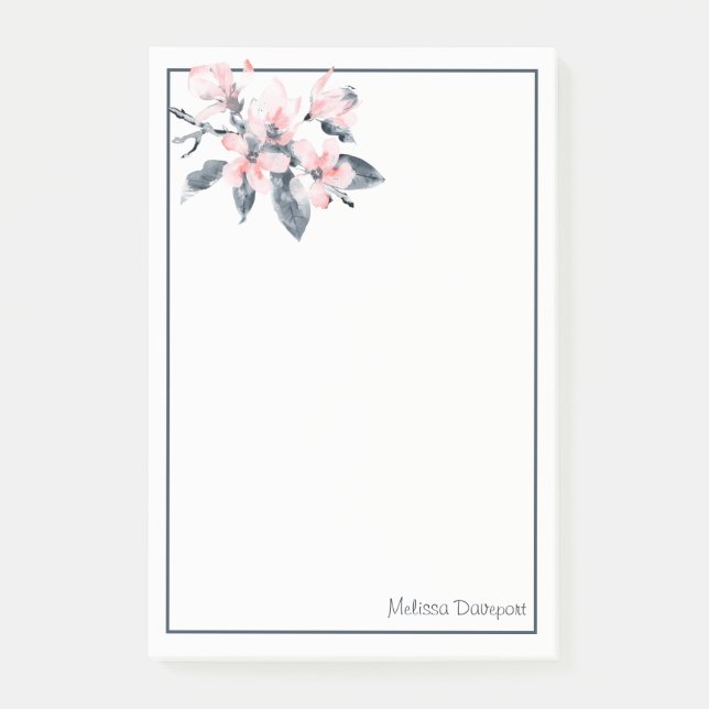 Pink & Grey Flowers Classy Watercolor Post-it Notes (Front)