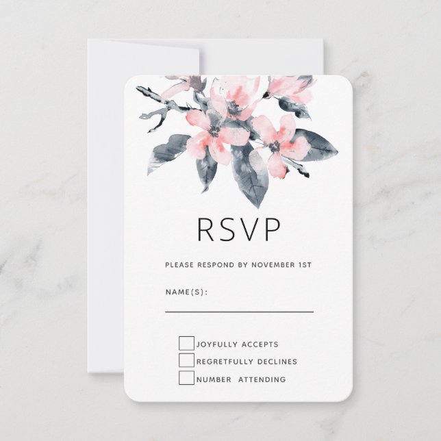 Pink & Grey Flowers Classy Watercolor RSVP Card (Front)