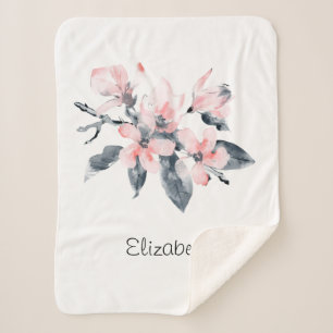 Pink & Grey Flowers Classy Watercolor Sherpa Blanket