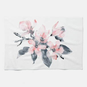 Pink & Grey Flowers Classy Watercolor Tea Towel