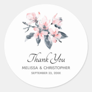 Pink & Grey Flowers Classy Watercolor Thank You Classic Round Sticker