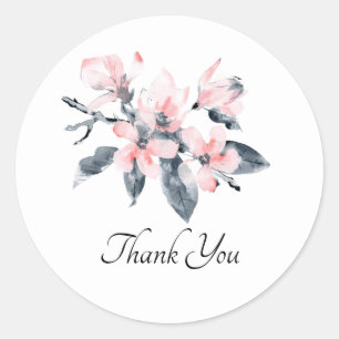 Pink & Grey Flowers Classy Watercolor Thank You Classic Round Sticker