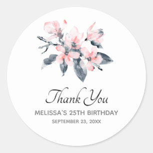 Pink & Grey Flowers Classy Watercolor Thank You Classic Round Sticker