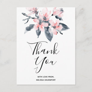 Pink & Grey Flowers Classy Watercolor Thank You Postcard