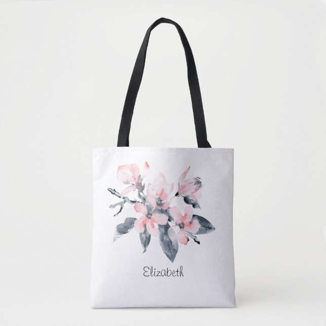 Pink & Grey Flowers Classy Watercolor Tote Bag (Front)