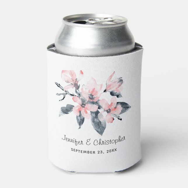 Pink & Grey Flowers Classy Watercolor Wedding Can Cooler (Can Front)