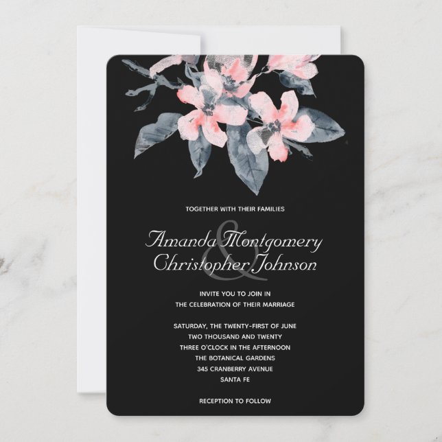 Pink & Grey Flowers Classy Watercolor Wedding Invitation (Front)