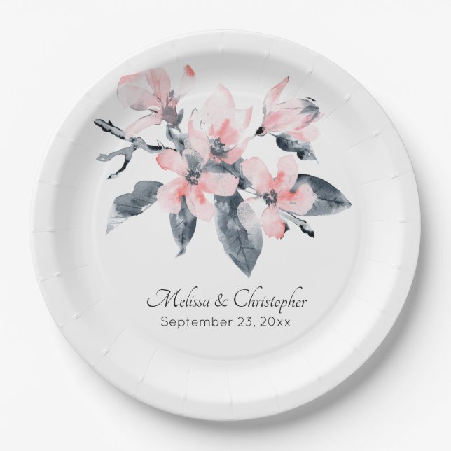 Pink & Grey Flowers Classy Watercolor Wedding Paper Plate (Front)