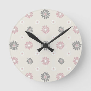 Pink & Grey Flowers Round Clock