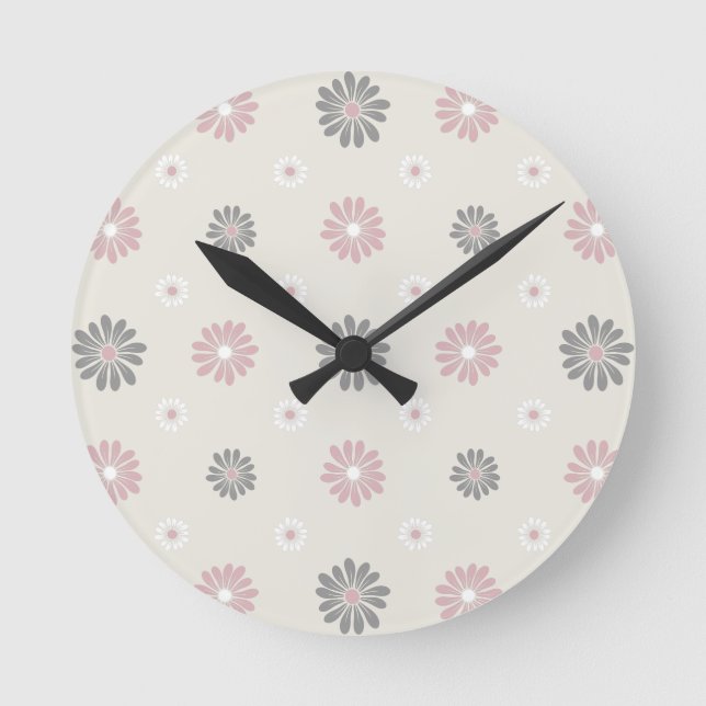 Pink & Grey Flowers Round Clock (Front)