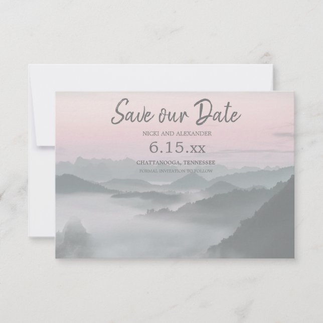 Pink Grey Foggy Mountains Save Our Date Wedding Save The Date (Front)