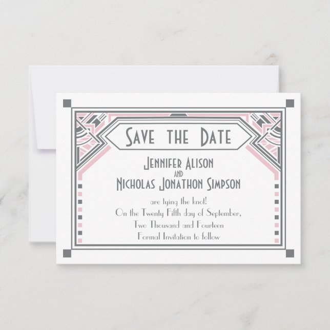 Pink - Grey Gatsby Art Deco Wedding Save the Date (Front)