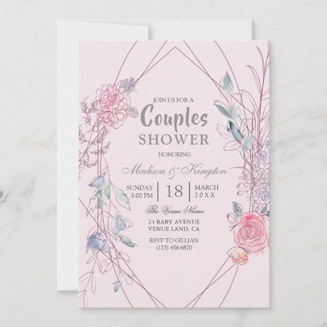 Pink & Grey Geometric Floral Wreath Couples Shower Invitation (Front)