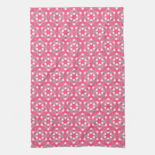Pink Grey Geometric Hexagon Pattern Tea Towel
