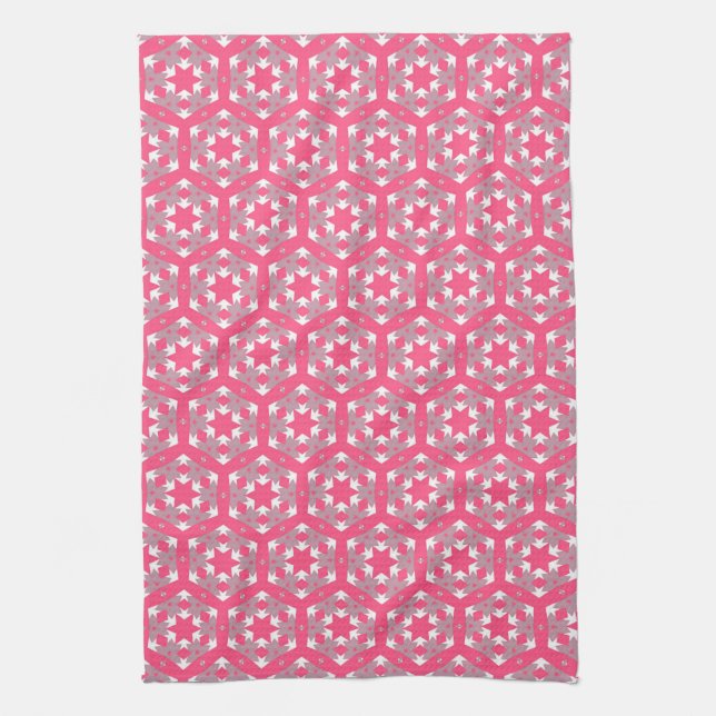 Pink Grey Geometric Hexagon Pattern Tea Towel (Vertical)