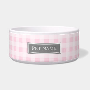 Pink Grey Gingham Custom Name Dog Bowl