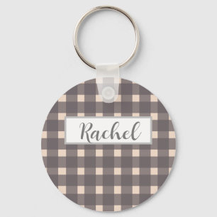 Pink Grey Gingham Personalised Key Ring