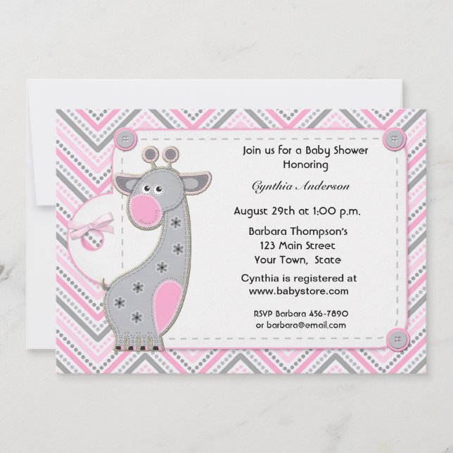 Pink Grey Giraffe Chevron Baby Shower Invitation (Front)