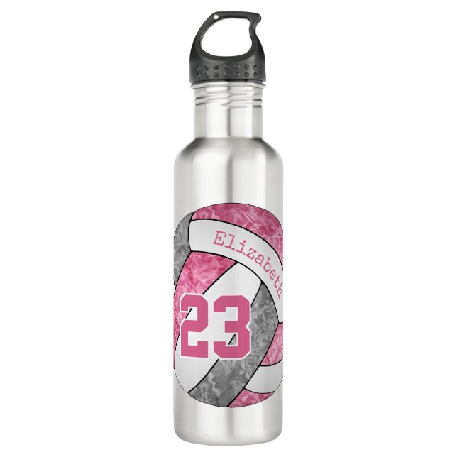 pink grey girls name jersey number volleyball 710 ml water bottle (Front)