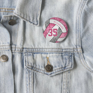 pink grey girls personalised volleyball 6 cm round badge