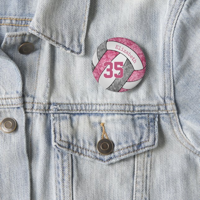 pink grey girls personalised volleyball 6 cm round badge (In Situ)