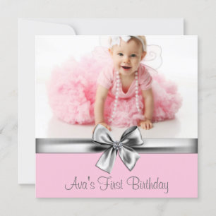 Pink Grey Girls Photo Birthday Party Invitation