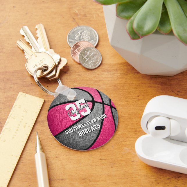 pink grey girl's sports basketball team name key ring (Desk)