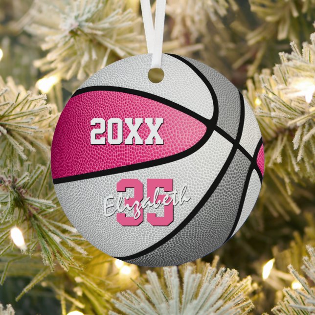 pink grey girls sports keepsake basketball metal tree decoration (Insitu)