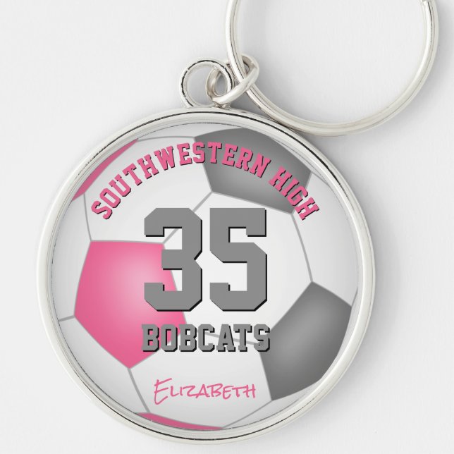 pink grey girls sports team name soccer key ring (Front)