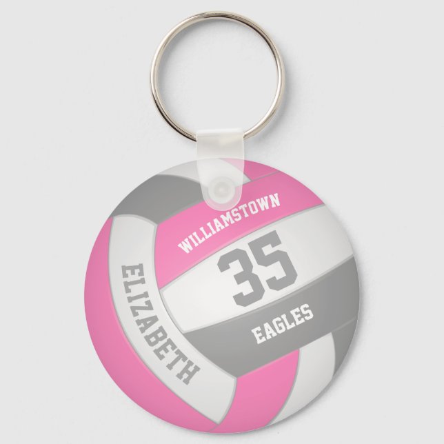 pink grey girly personalised team name volleyball key ring (Front)