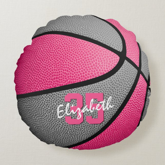 pink grey girly sports personalised basketball round cushion (Front)