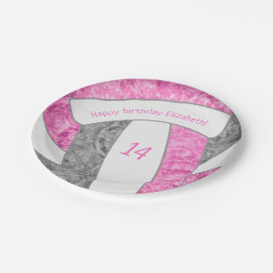 pink grey girly volleyball birthday party paper plate