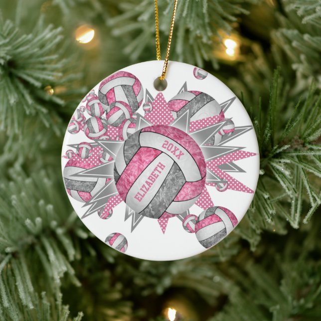 pink grey girly volleyball blowout sports ceramic tree decoration (Tree)