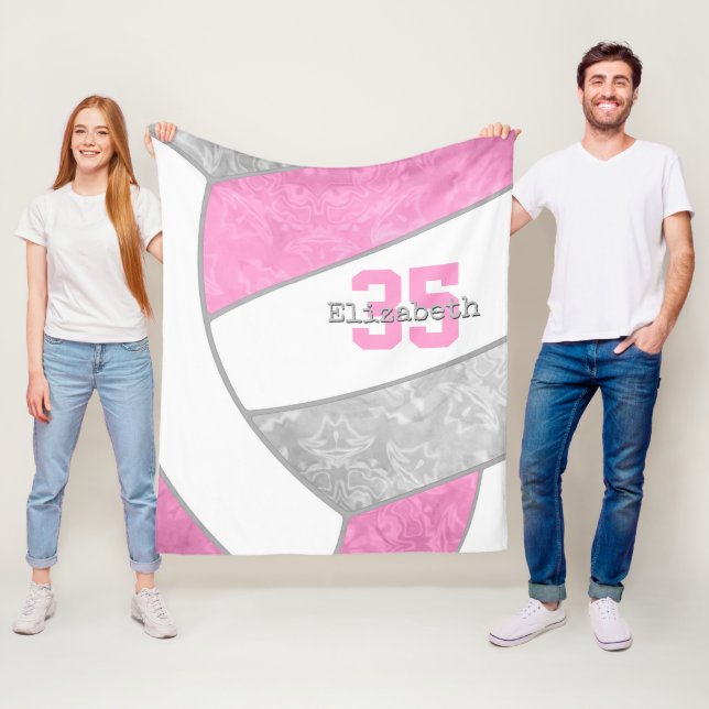 pink grey girly volleyball w athlete custom name fleece blanket (In Situ)
