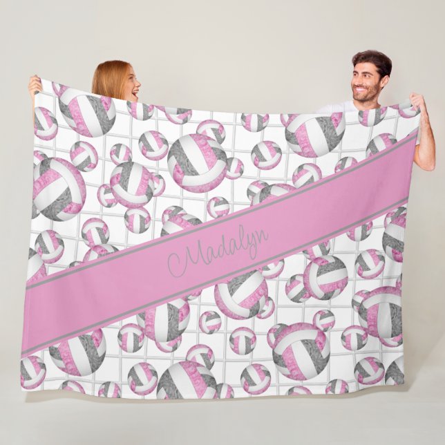 Pink grey girly volleyballs pattern net accent fleece blanket (In Situ)