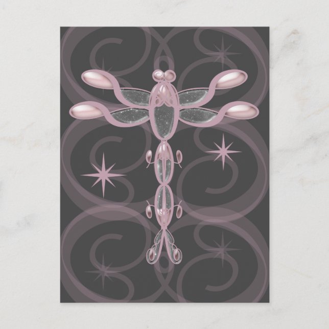 Pink, Grey, Glass Dragonfly with Stars Postcard (Front)