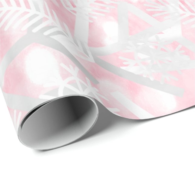 Pink Grey Glitter Christmas Holiday Snowflake Joy Wrapping Paper (Roll Corner)