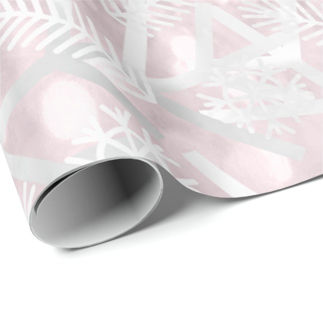 Pink Grey Glitter Christmas Holiday Snowflake Joy Wrapping Paper (Roll Corner)