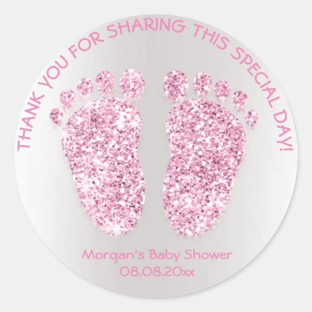 Pink Grey Glitter Feet Baby Shower Favour Thank Gi Classic Round Sticker (Front)