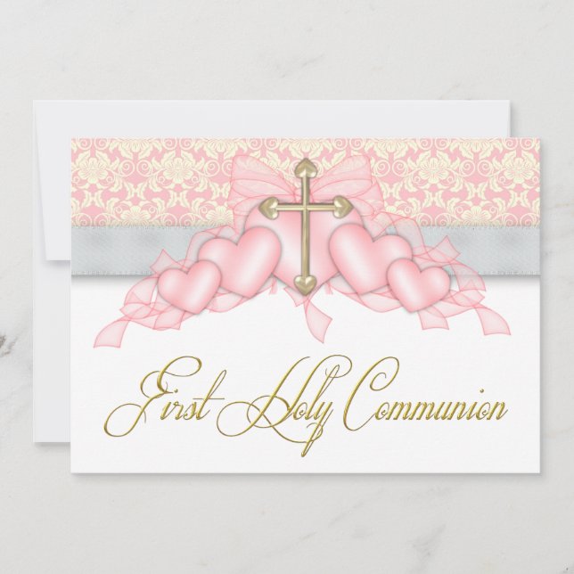 Pink Grey Gold Cross Girls Pink First Communion Invitation (Front)