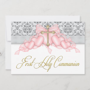 Pink Grey Gold Cross Girls Pink First Communion Invitation