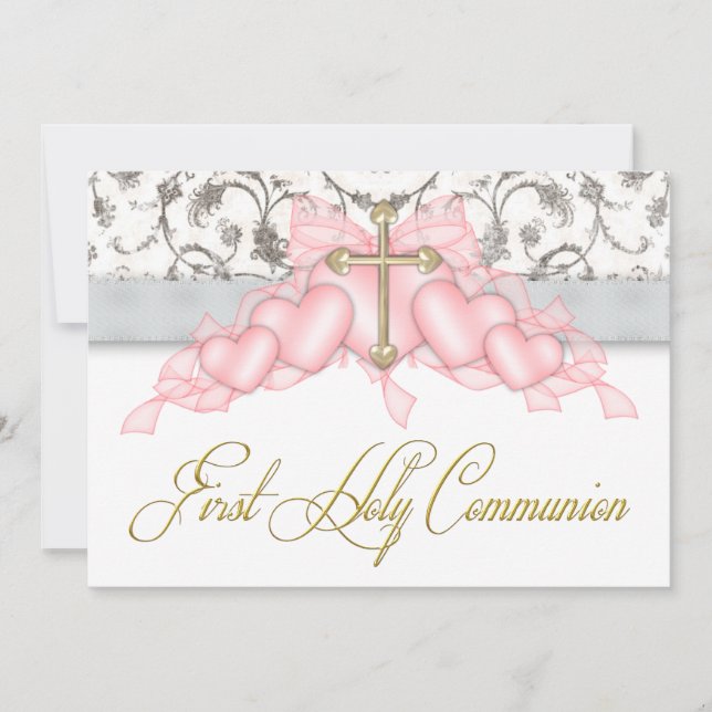Pink Grey Gold Cross Girls Pink First Communion Invitation (Front)