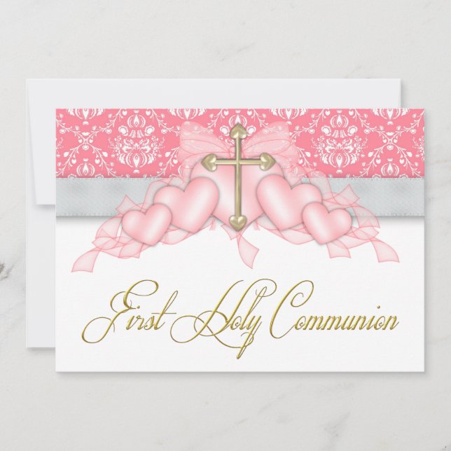 Pink Grey Gold Cross Girls Pink First Communion Invitation (Front)
