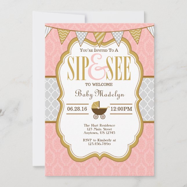 Pink Grey Gold Sip And See Invitation (Front)