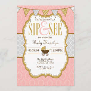 Pink Grey Gold Sip And See Invitation