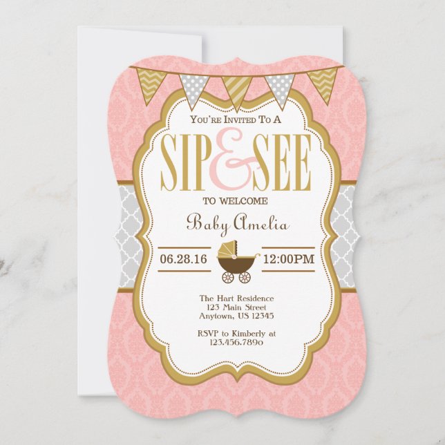 Pink Grey Gold Sip And See Invitation (Front)