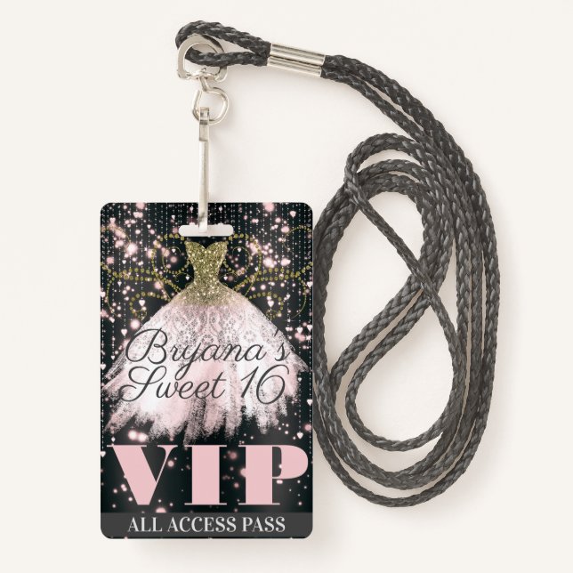 Pink Grey Gold Sparkle Dress Sweet 16 VIP Pass ID Badge (Front with Lanyard)