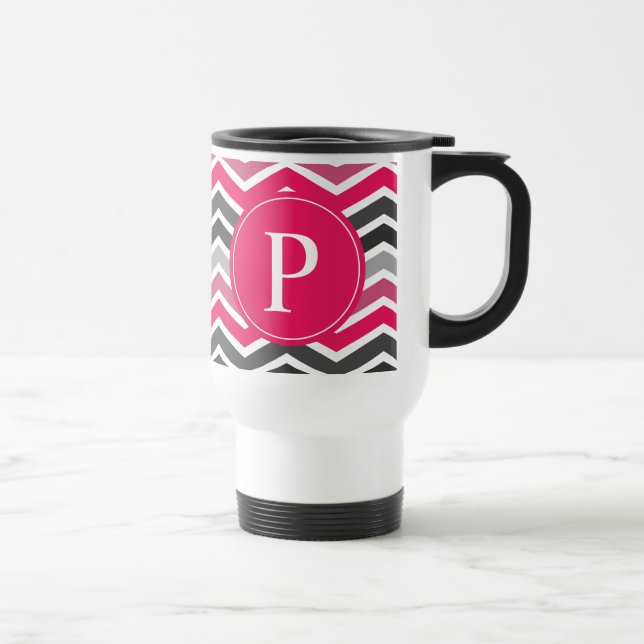 Pink Grey Grey Chevron Monogram Travel Mug (Right)