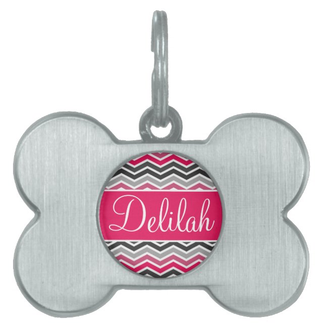 Pink Grey Grey Chevron Name Pet Tag (Front)